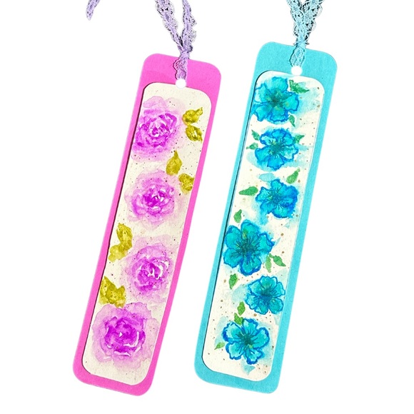 Handmade Set of 2 Hand Painted Floral Design Watercolor Pink and Blue Bookmarks - Picture 3 of 4